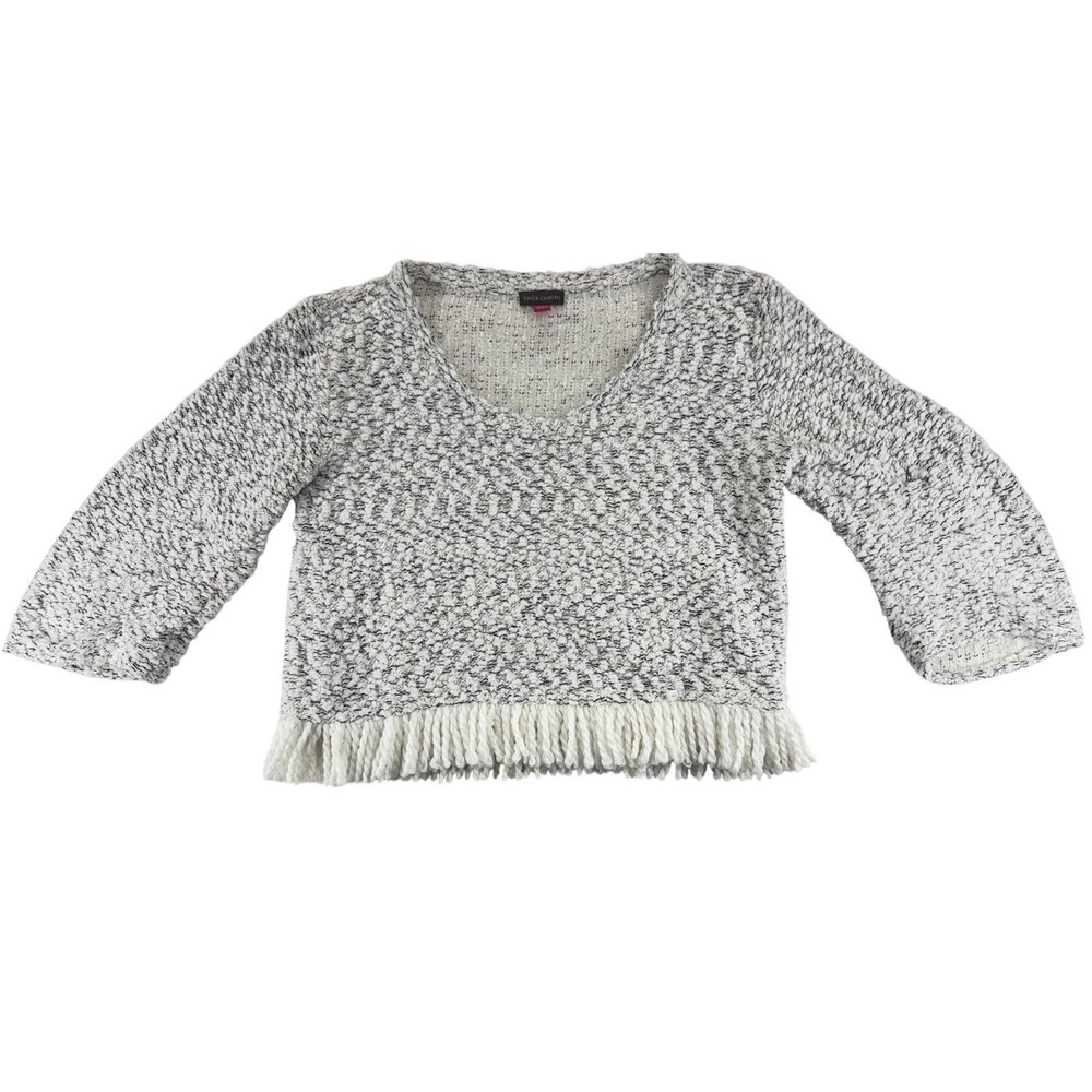 Vince Camuto Fringe Boho Sweater XXS V Neck White Black Cozy‎ Knit Textured
